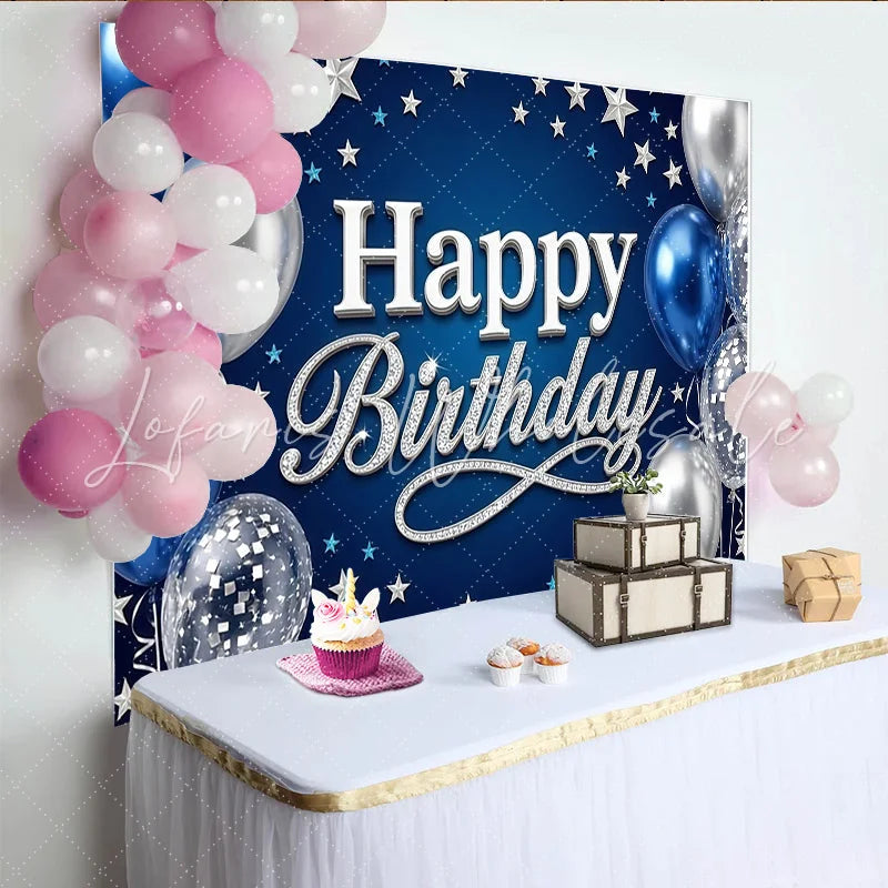 Lofaris Blue Silver Happy Birthday Backdrop with Glitter Text and Balloons Elegant Party Background for Men Boys and Photo Booth Props
