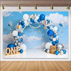 Lofaris Blue Sky Hot Air Balloon Birthday Cake Smash Backdrop ONE Marquee Sign and Clouds Background