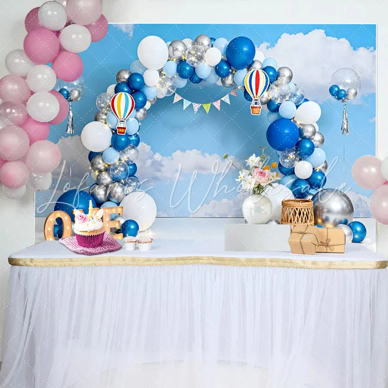 Lofaris Blue Sky Hot Air Balloon Birthday Cake Smash Backdrop ONE Marquee Sign and Clouds Background