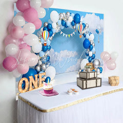 Lofaris Blue Sky Hot Air Balloon Birthday Cake Smash Backdrop ONE Marquee Sign and Clouds Background