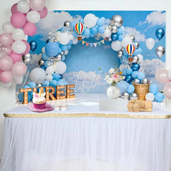 Lofaris Blue Sky Hot Air Balloon Birthday Cake Smash Backdrop THREE Marquee Sign and Clouds Background