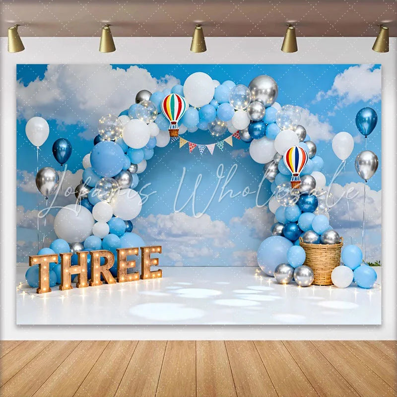 Lofaris Blue Sky Hot Air Balloon Birthday Cake Smash Backdrop THREE Marquee Sign and Clouds Background