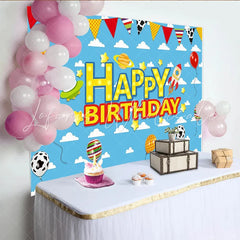 Lofaris Blue Sky Space Birthday Backdrop with Rocket UFO and Planet Colorful Balloons and Stars Party Background for Kids Photoshoot