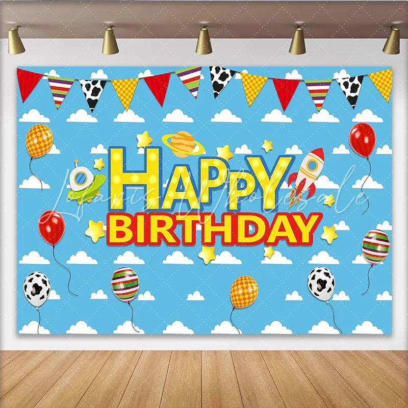 Lofaris Blue Sky Space Birthday Backdrop with Rocket UFO and Planet Colorful Balloons and Stars Party Background for Kids Photoshoot