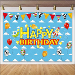 Lofaris Blue Sky Space Birthday Backdrop with Rocket UFO and Planet Colorful Balloons and Stars Party Background for Kids Photoshoot