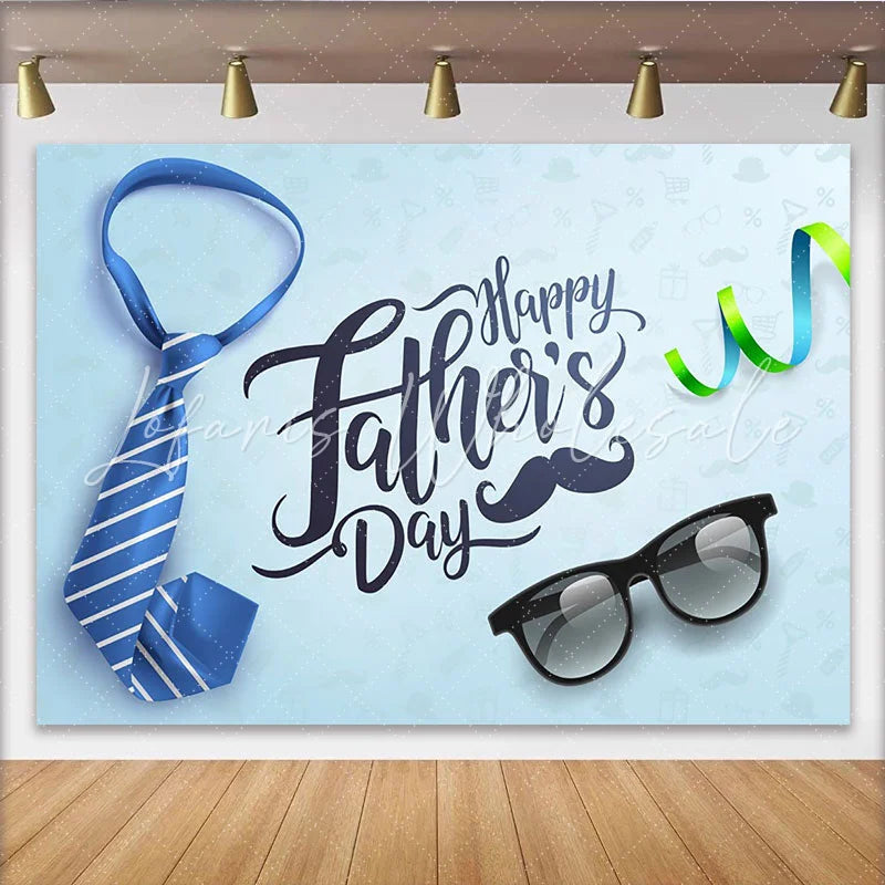 Lofaris Blue Striped Tie Fathers Day Backdrop with Sunglasses and Mustache Light Blue Holiday Background for Party Decor