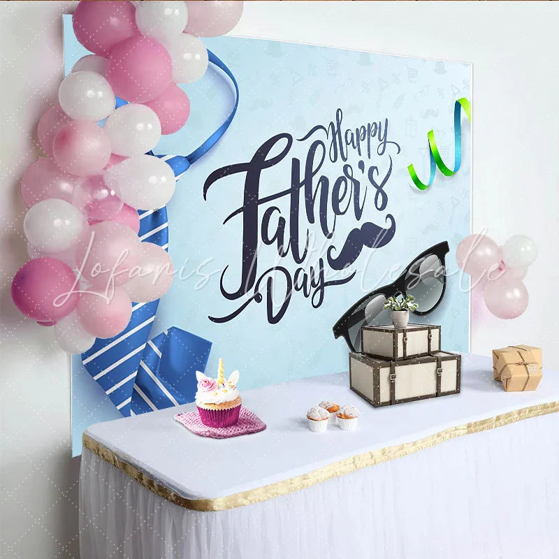 Lofaris Blue Striped Tie Fathers Day Backdrop with Sunglasses and Mustache Light Blue Holiday Background for Party Decor