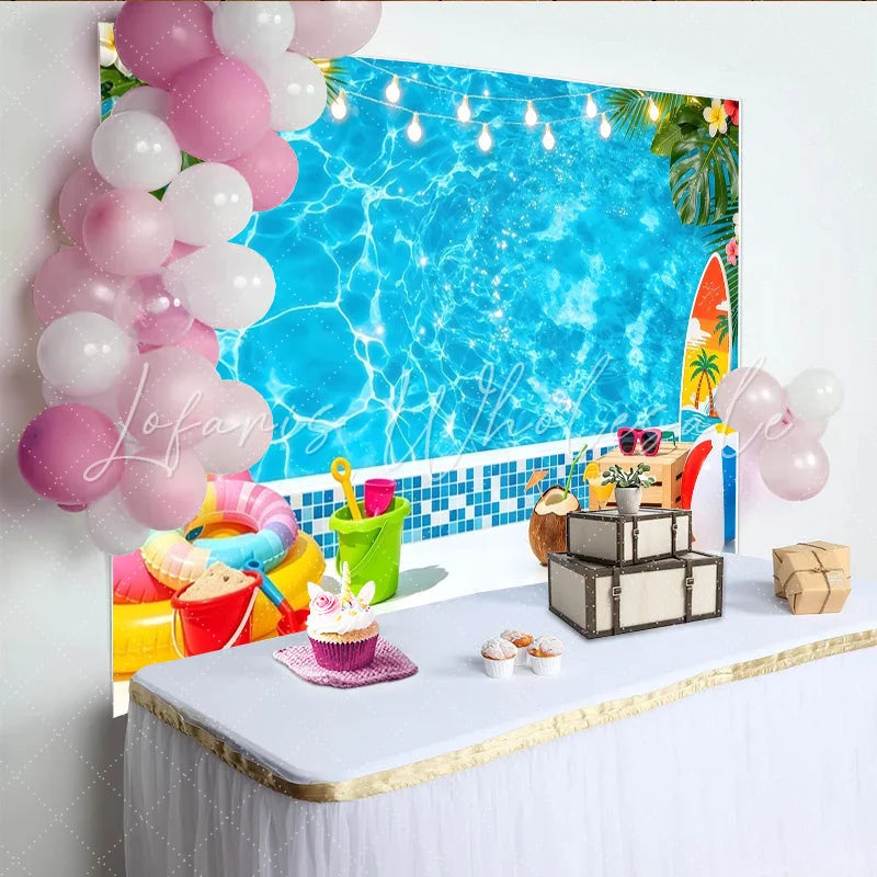 Lofaris Blue Summer Pool Party Photography Backdrop with Tropical Leaves and String Lights Vibrant Photo Background for Vacation Decor