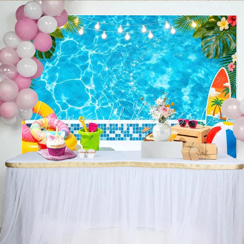 Lofaris Blue Summer Pool Party Photography Backdrop with Tropical Leaves and String Lights Vibrant Photo Background for Vacation Decor