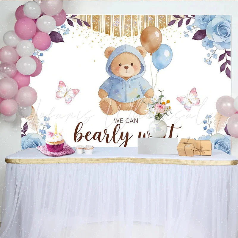 Lofaris Blue Teddy Bear Baby Shower Backdrop with Balloons Bearly Wait Elegant Floral Background for Newborn Party Decor
