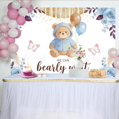 Lofaris Blue Teddy Bear Baby Shower Backdrop with Balloons Bearly Wait Elegant Floral Background for Newborn Party Decor