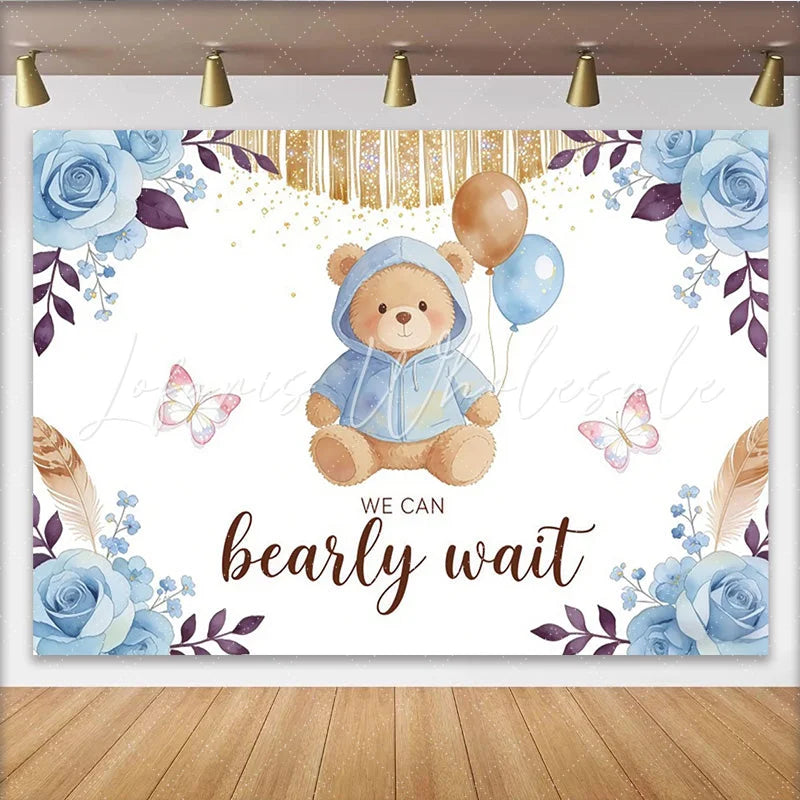 Lofaris Blue Teddy Bear Baby Shower Backdrop with Balloons Bearly Wait Elegant Floral Background for Newborn Party Decor
