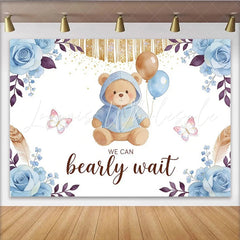 Lofaris Blue Teddy Bear Baby Shower Backdrop with Balloons Bearly Wait Elegant Floral Background for Newborn Party Decor