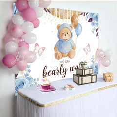 Lofaris Blue Teddy Bear Baby Shower Backdrop with Balloons Bearly Wait Elegant Floral Background for Newborn Party Decor