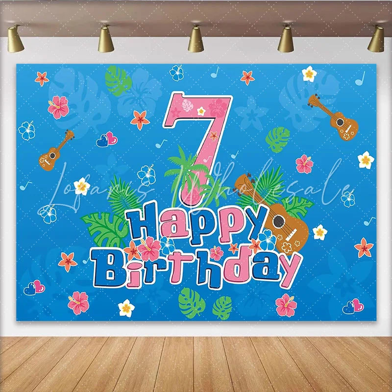 Lofaris Blue Tropical 7th Birthday Backdrop with Ukuleles and Hibiscus Flowers Hawaiian Party Photography Background Decor
