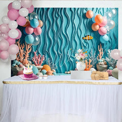 Lofaris Blue Under The Sea Birthday Backdrop with Clownfish and Coral Colorful Balloons Ocean Theme Background for Kids Party