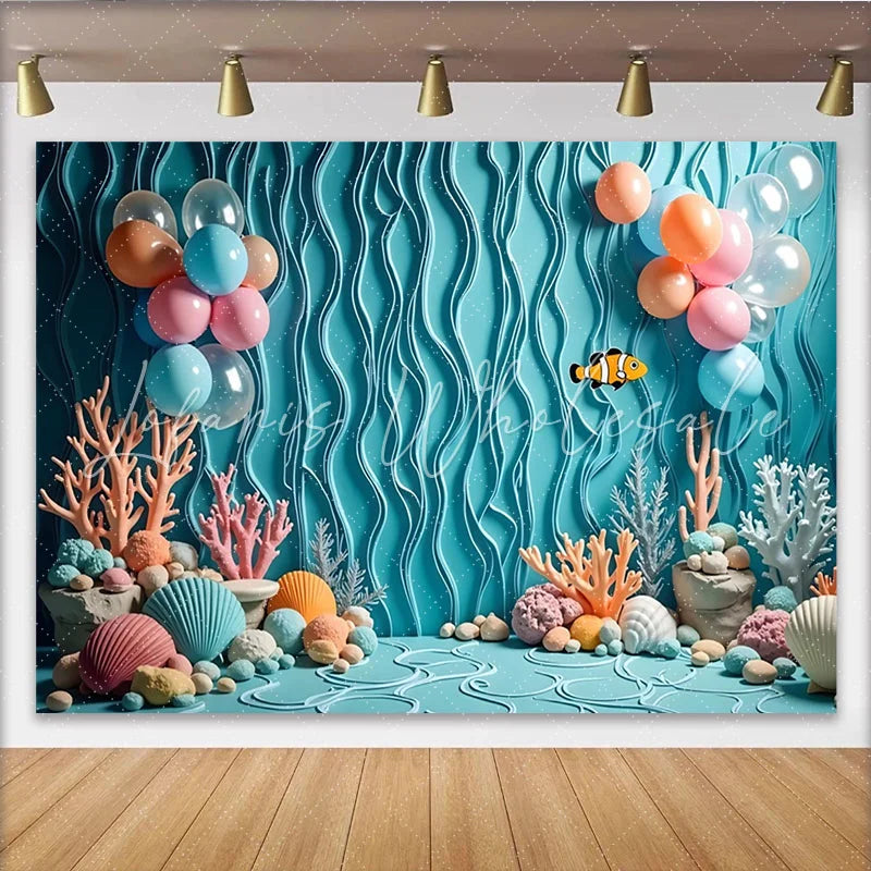 Lofaris Blue Under The Sea Birthday Backdrop with Clownfish and Coral Colorful Balloons Ocean Theme Background for Kids Party