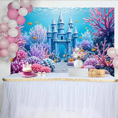 Lofaris Blue Underwater Castle Photography Backdrop with Colorful Coral Fantasy Ocean Background for Kids Party Photoshoot