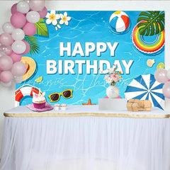 Lofaris Blue Water Summer Birthday Backdrop with Beach Ball and Tropical Leaves Vibrant Pool Party Background for Kids Photoshoot Decor