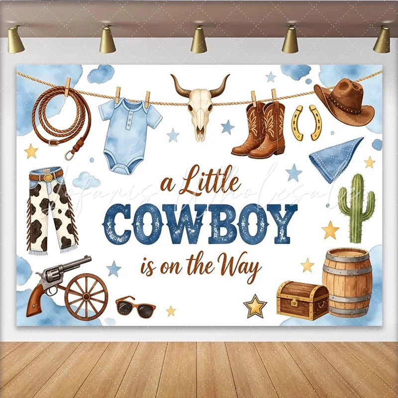 Lofaris Blue Watercolor Cowboy Baby Shower Backdrop with Boots and Hat Western Themed Photography Background for Little Boy Welcome Party