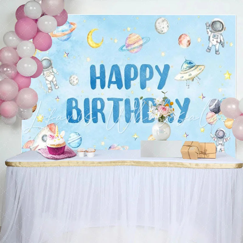 Lofaris Blue Watercolor Space Happy Birthday Backdrop featuring Astronauts Planets and a Rocket for Kids Party Decor.