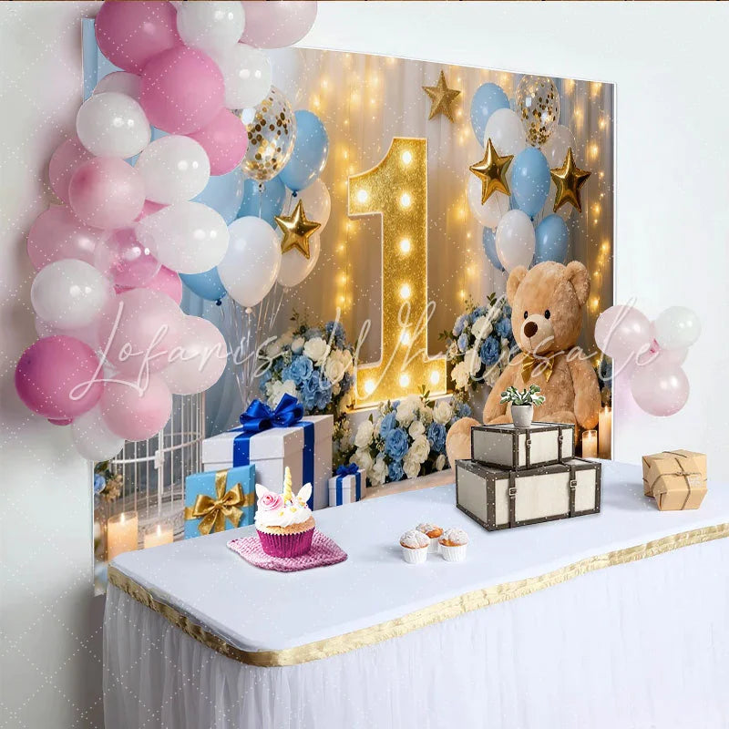 Lofaris Blue White and Gold Balloons First Birthday Party Backdrop featuring a Teddy Bear and Stars