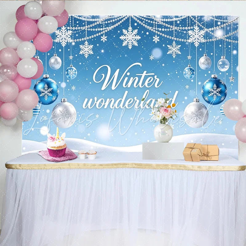 Lofaris Blue Winter Wonderland Backdrop with Snowflakes and Ornaments Festive Photography Background for Holiday Party Decoration