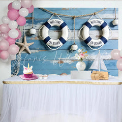 Lofaris Blue Wood Nautical Photography Backdrop with Lifebuoys Sailboat Perfect Studio Background for Coastal Photoshoots and Event Decor