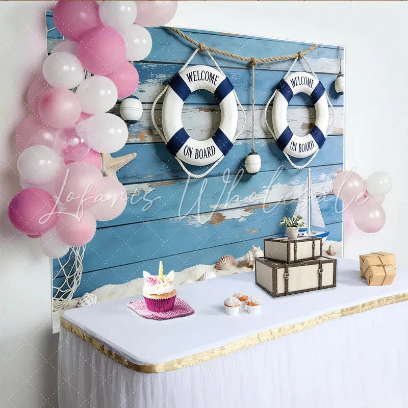Lofaris Blue Wood Nautical Photography Backdrop with Lifebuoys Sailboat Perfect Studio Background for Coastal Photoshoots and Event Decor