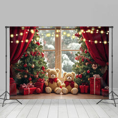 Lofaris Blurry Window Red Curtain Bear Christmas Backdrop