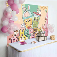 Lofaris Boba Tea Birthday Backdrop Cute Rabbits and Bubble Tea Party Background for Girls Teens