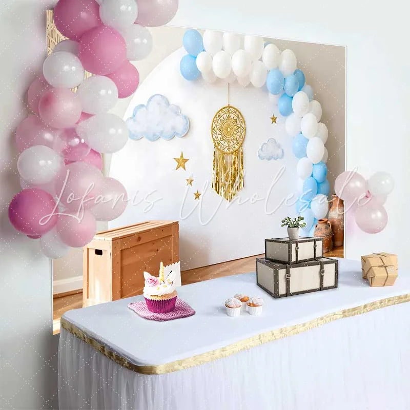 Lofaris Boho 1st Birthday Cake Smash Backdrop Blue and White Balloon Arch with Gold Dreamcatcher Decor