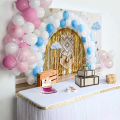 Lofaris Boho 1st Birthday Cake Smash Backdrop Blue and White Balloon Arch with Gold Fringe and Macrame