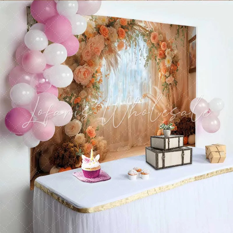 Lofaris Boho Autumn Pumpkin Arch Backdrop Fall Floral and Pampas Grass Window Decoration