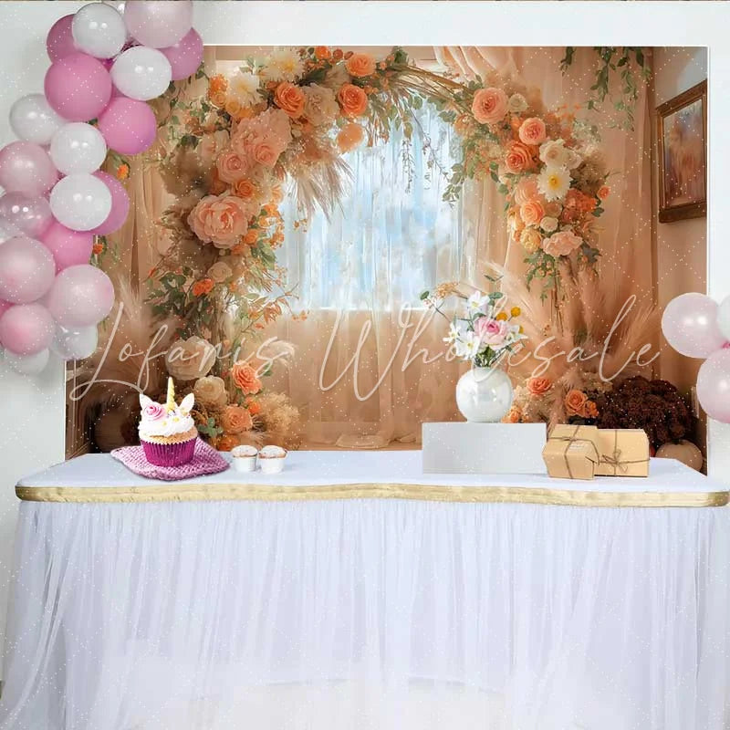 Lofaris Boho Autumn Pumpkin Arch Backdrop Fall Floral and Pampas Grass Window Decoration
