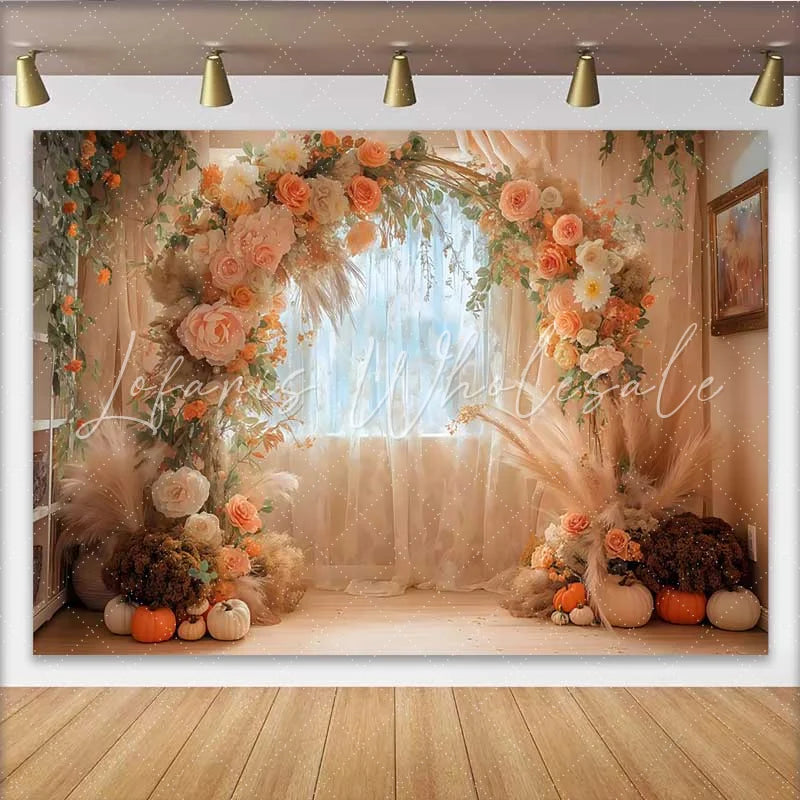 Lofaris Boho Autumn Pumpkin Arch Backdrop Fall Floral and Pampas Grass Window Decoration