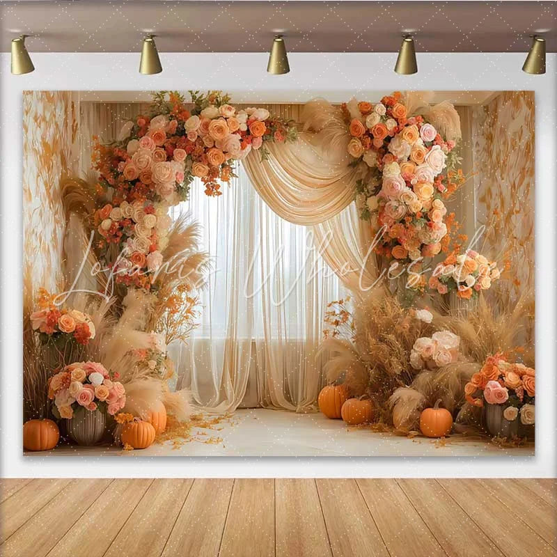 Lofaris Boho Autumn Wedding Arch Backdrop Orange Roses Pampas Grass and Pumpkin Decoration