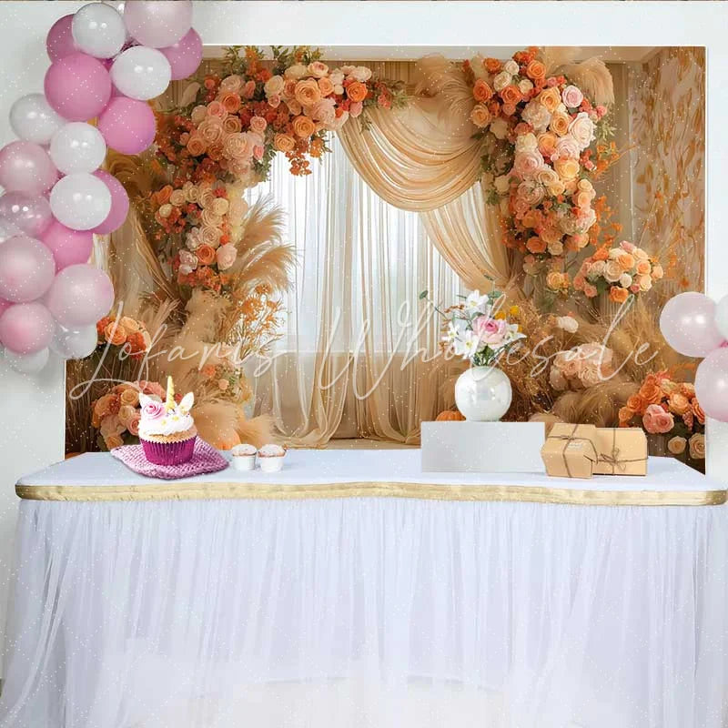 Lofaris Boho Autumn Wedding Arch Backdrop Orange Roses Pampas Grass and Pumpkin Decoration