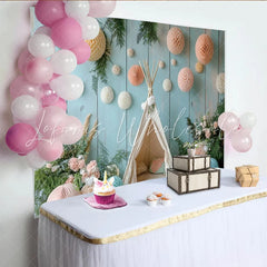 Lofaris Boho Baby Shower Backdrop with Teepee Tent and Pastel Honeycomb Decor Woodland Photography Background for Newborn Photoshoot