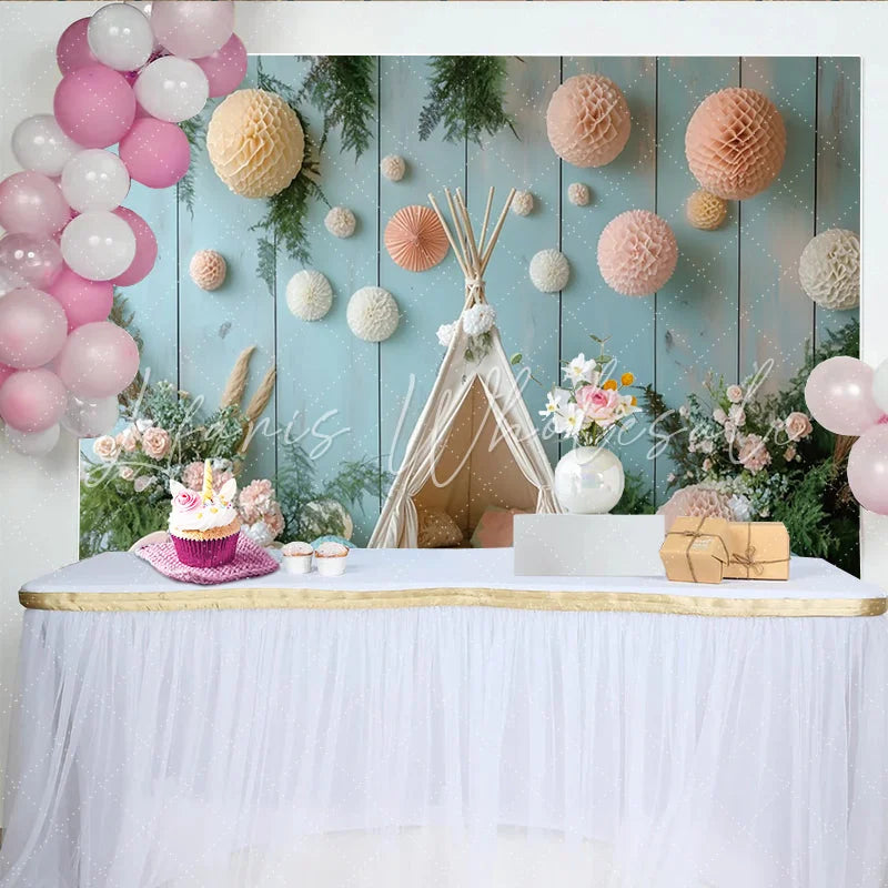 Lofaris Boho Baby Shower Backdrop with Teepee Tent and Pastel Honeycomb Decor Woodland Photography Background for Newborn Photoshoot