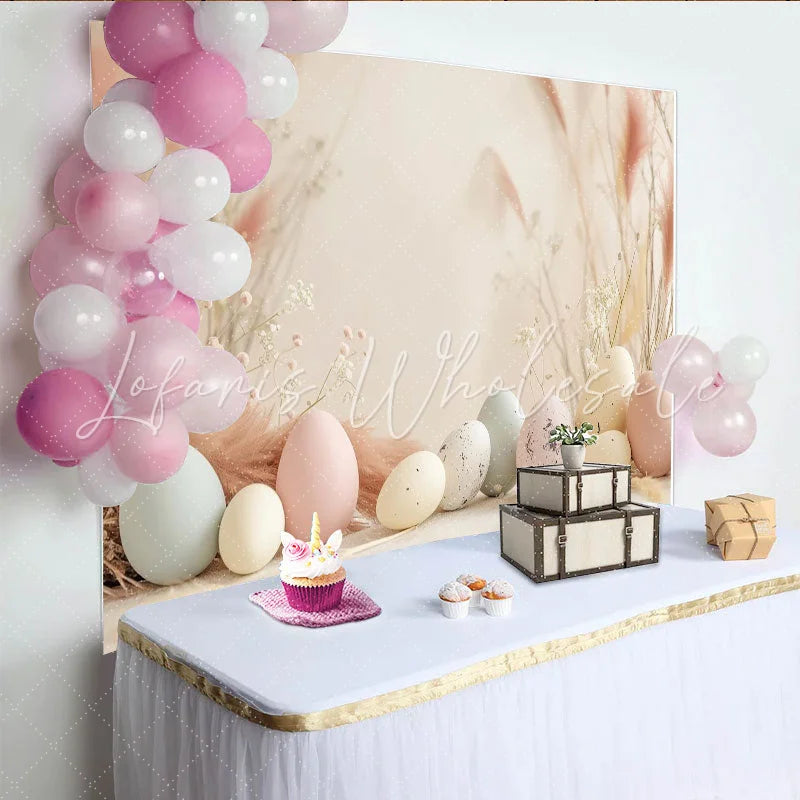 Lofaris Boho Easter Eggs Backdrop Cream Pampas Grass and Dried Floral Photography Background