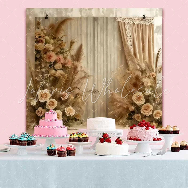 Lofaris Boho Fabric Drape Backdrop Vertical Stripes and Rose Arrangement for Romantic Portrait