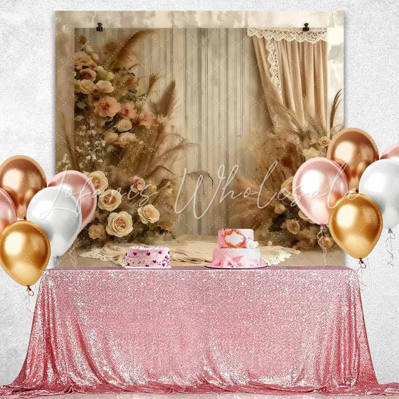 Lofaris Boho Fabric Drape Backdrop Vertical Stripes and Rose Arrangement for Romantic Portrait