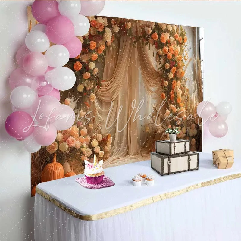Lofaris Boho Fall Harvest Indoor Backdrop Elegant Draping and Orange Floral Party Decoration
