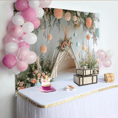 Lofaris Boho Floral Baby Shower Backdrop with Teepee and Peach Blue Decor Elegant Photography Background for Newborn Party
