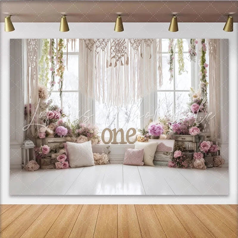 Lofaris Boho Floral First Birthday Backdrop with Macrame and Roses Elegant Party Decor for Baby Photoshoot