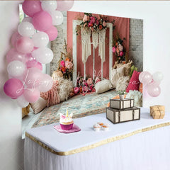 Lofaris Boho Floral Photography Backdrop with Pink Flowers and Macrame Window Frame Rustic Studio Background for Artistic Portrait