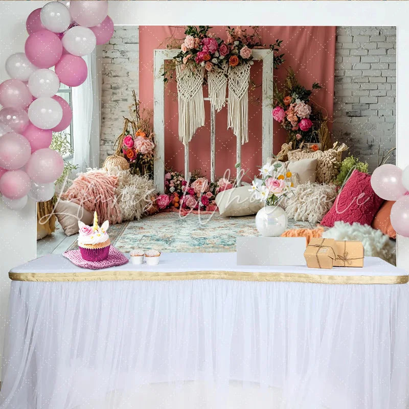 Lofaris Boho Floral Photography Backdrop with Pink Flowers and Macrame Window Frame Rustic Studio Background for Artistic Portrait