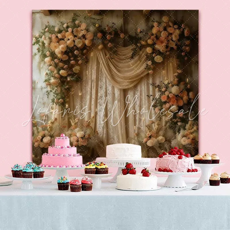 Lofaris Boho Floral Silk Backdrop Cream Drapery and Rose Arch with Candles for Wedding