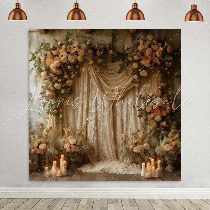 Lofaris Boho Floral Silk Backdrop Cream Drapery and Rose Arch with Candles for Wedding